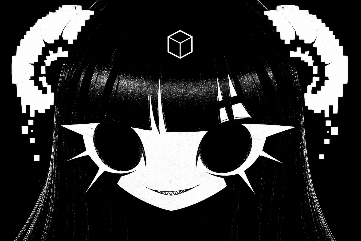 desk staring through the screen with an unsettling, sharp-toothed smile